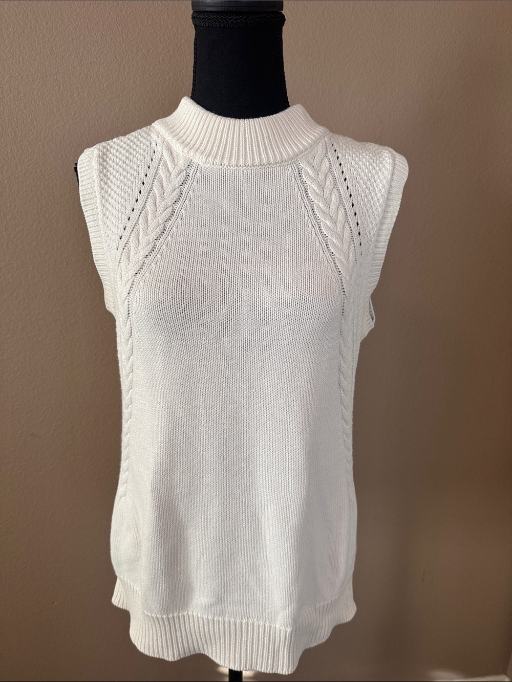 Modcloth Beige Sleeveless Crewneck Cable-Trim Knit Vest
